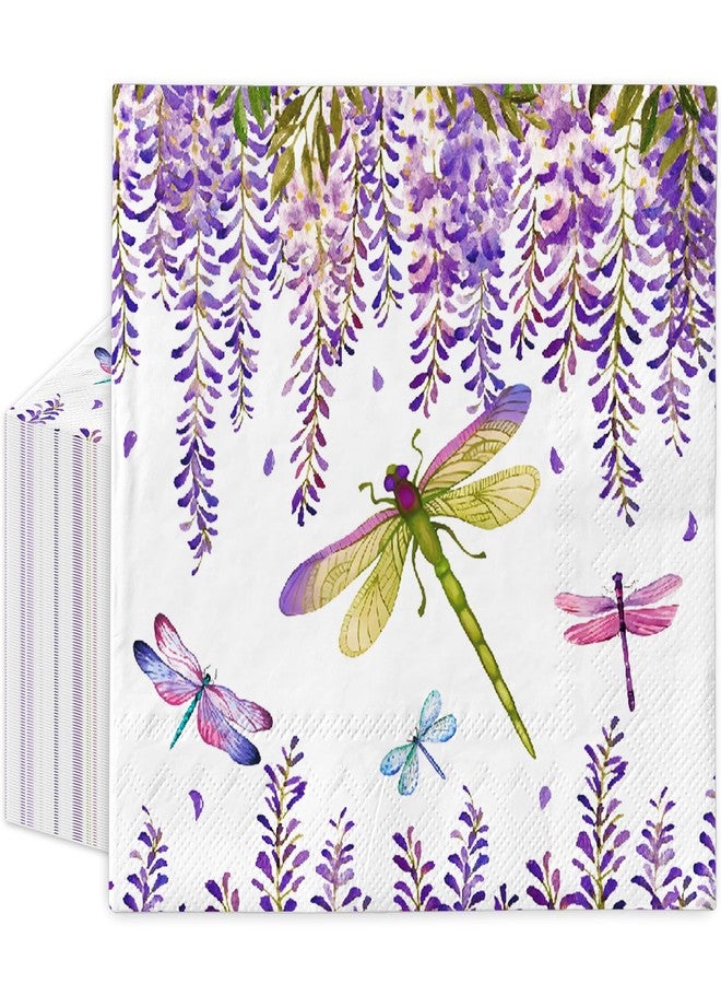 JarThenaAMCS مناديل ورقية من JarThenaAMCS، 50 قطعة، بنقشة زهور الوستارية الأرجوانية واليعسوب، مثالية للغداء والعشاء والحلويات، ومناسبة لحفلات الزفاف وأعياد الميلاد في فصل الربيع. - Image 1